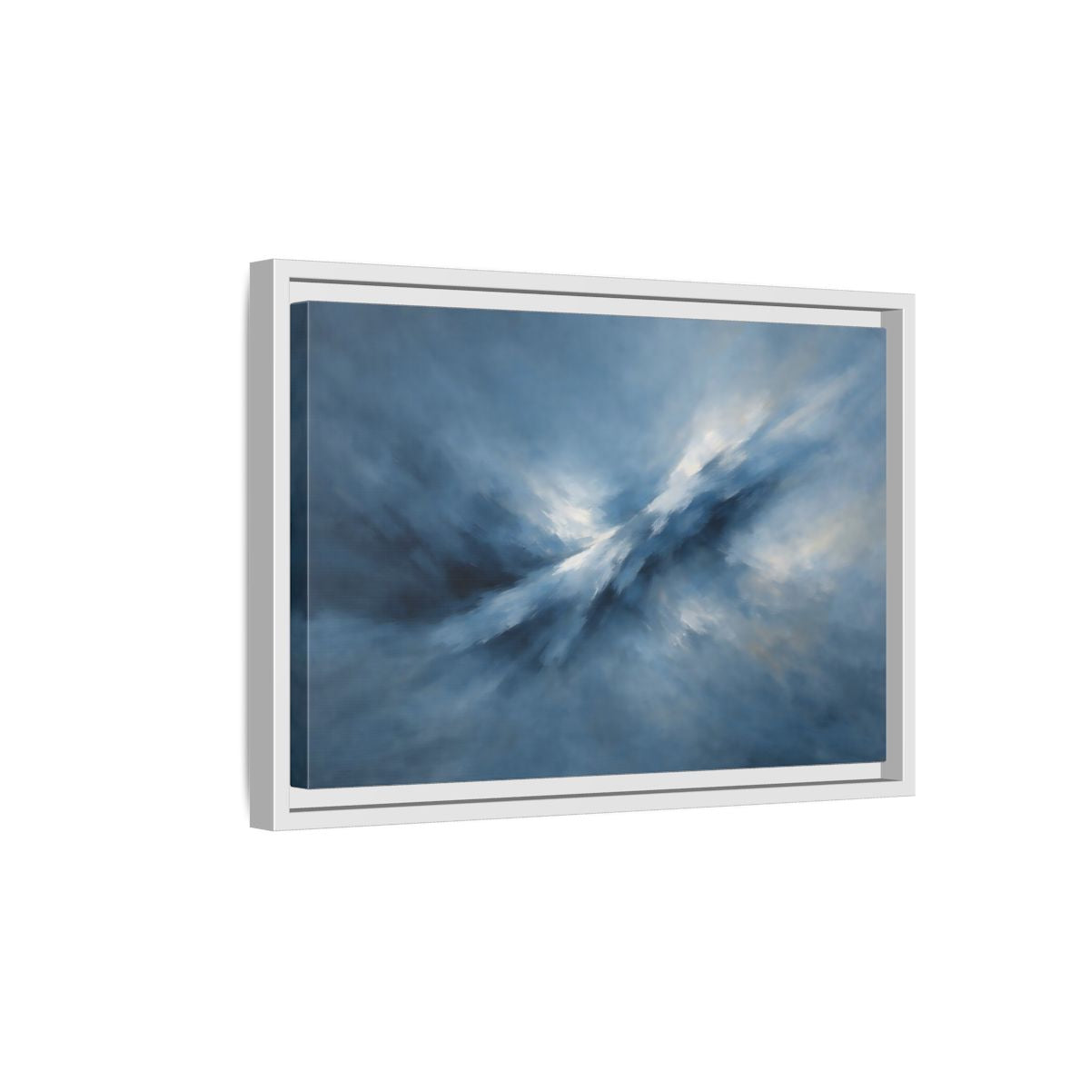 Side Mockup 4. Abstract Abstract Movement Blue And White shown as stretched canvas wall art