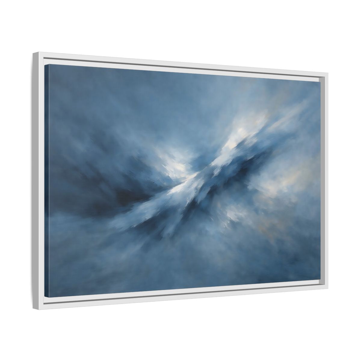 Side Mockup 10. Abstract Abstract Movement Blue And White shown as stretched canvas wall art