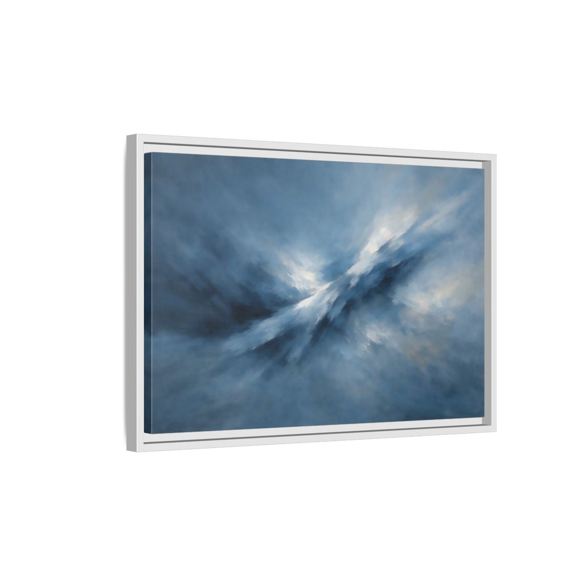 Side Mockup 1. Abstract Abstract Movement Blue And White shown as stretched canvas wall art