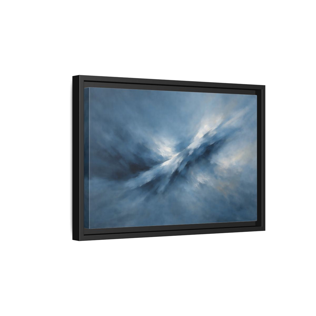 Side Mockup 6. Abstract Abstract Movement Blue And White shown as stretched canvas wall art