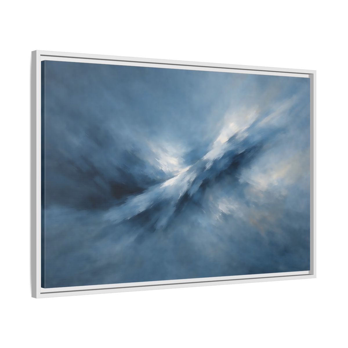 Side Mockup 8. Abstract Abstract Movement Blue And White shown as stretched canvas wall art