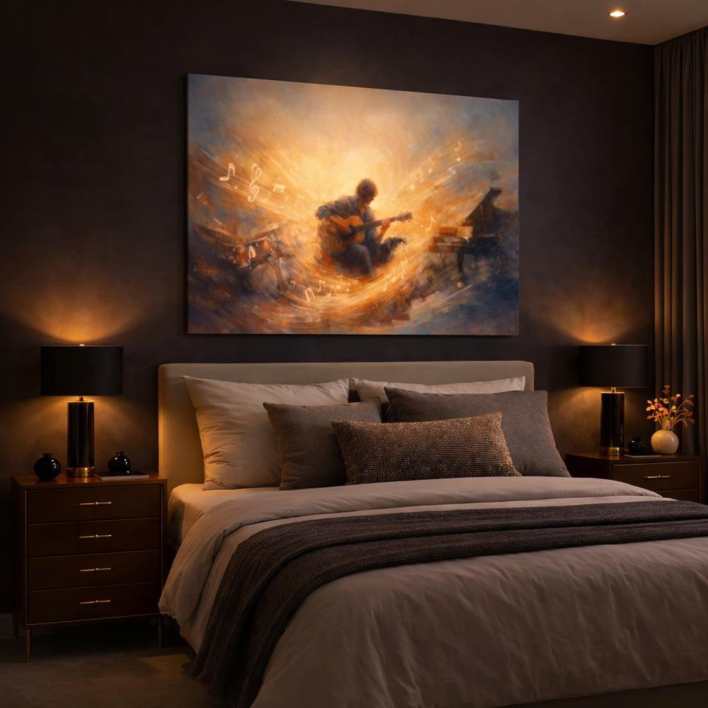 Abstract Musician Golden Music shown as canvas wall art in a luxury bedroom