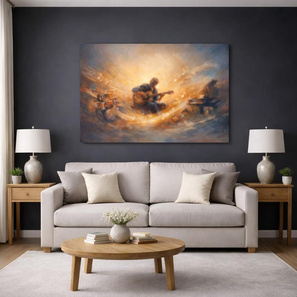 Abstract Musician Golden Music shown as canvas wall art in a modern living room