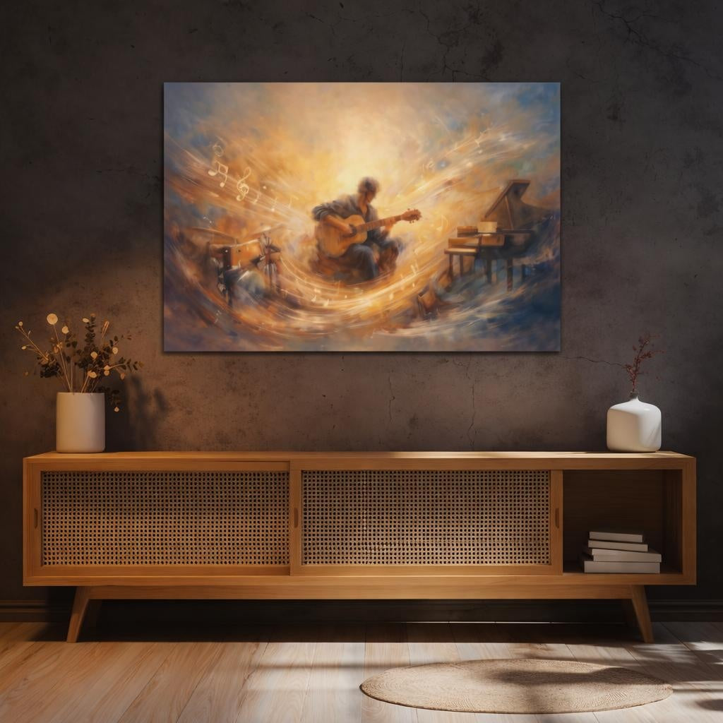 Abstract Musician Golden Music shown as canvas wall art in a luxury executive office