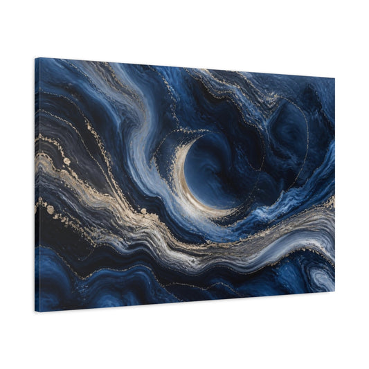 Main Mockup. Abstract Navy Crescent Orbit shown as canvas print