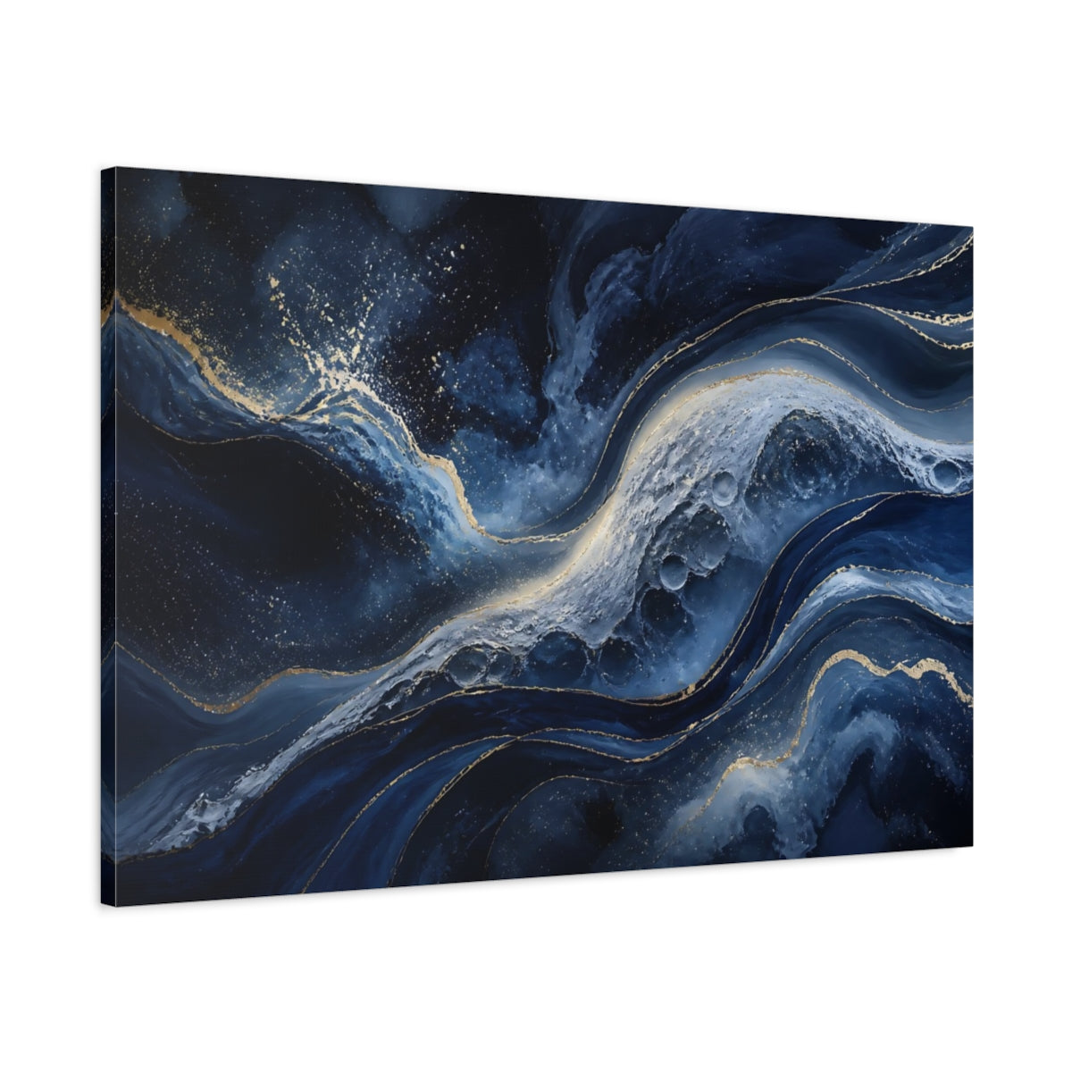 Main Mockup. Abstract Navy Swirls shown as canvas print