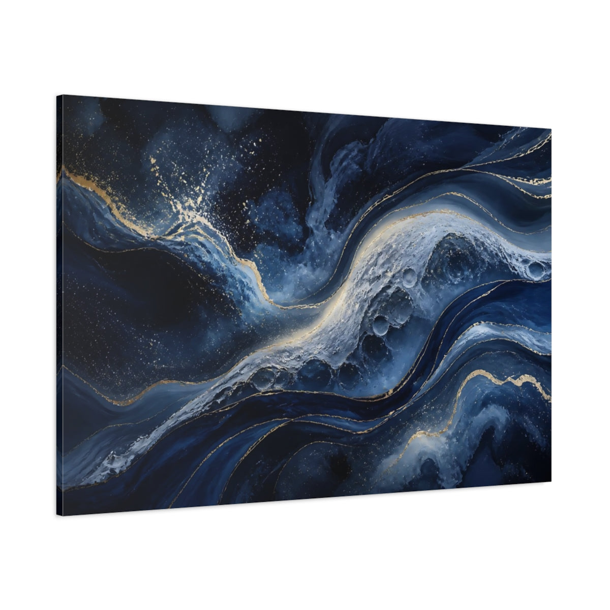 Side Mockup 1. Abstract Navy Swirls shown as canvas print