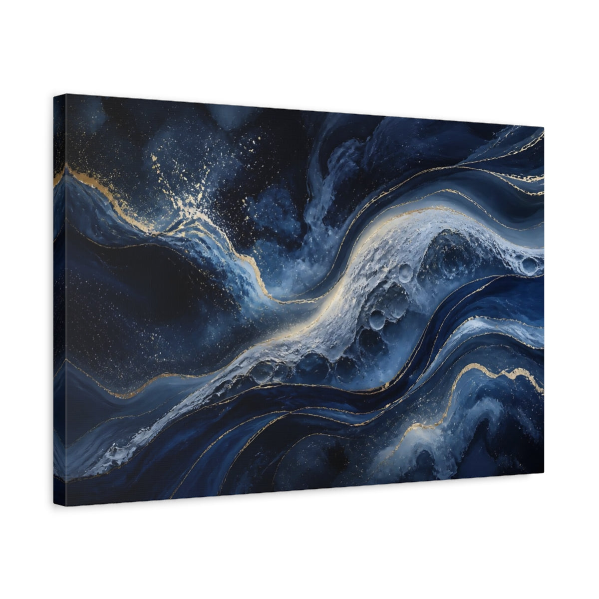 Side Mockup 3. Abstract Navy Swirls shown as canvas print