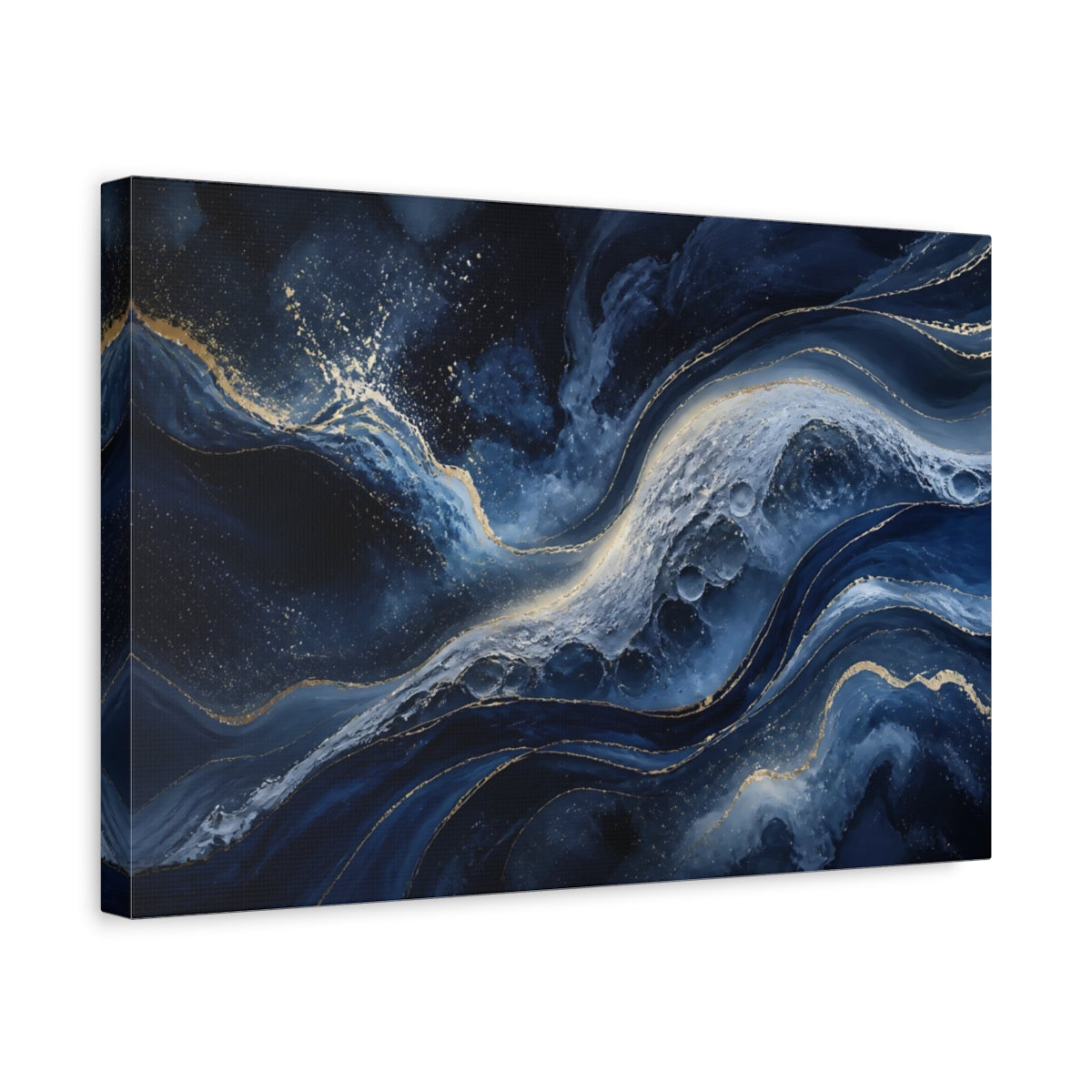 Side Mockup 4. Abstract Navy Swirls shown as canvas print