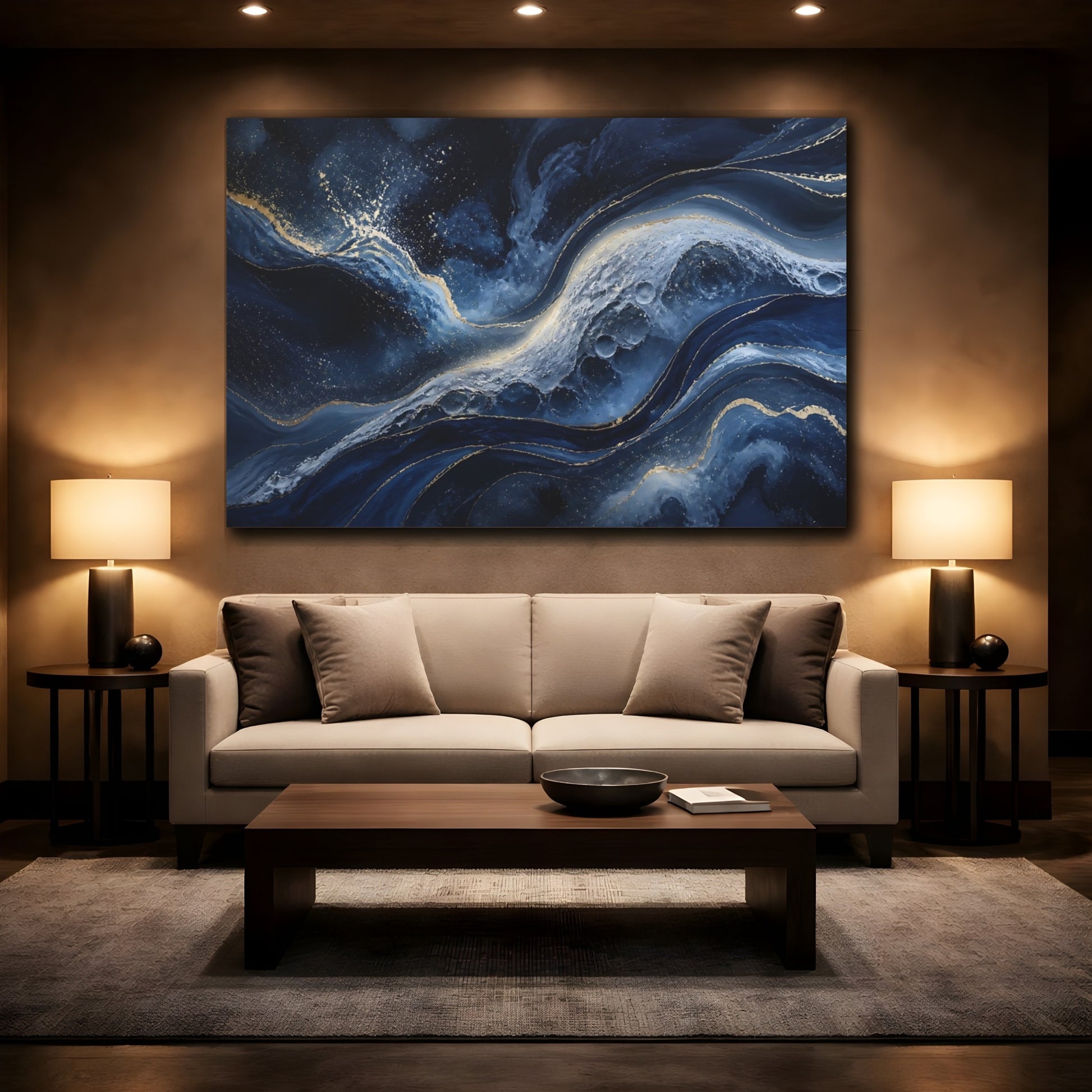 Mockup 2. Abstract Navy Swirls shown as canvas print
