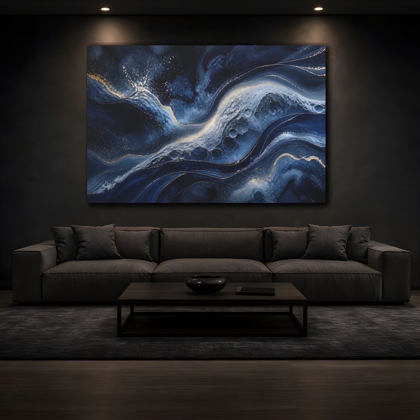 Mockup 3. Abstract Navy Swirls shown as canvas print