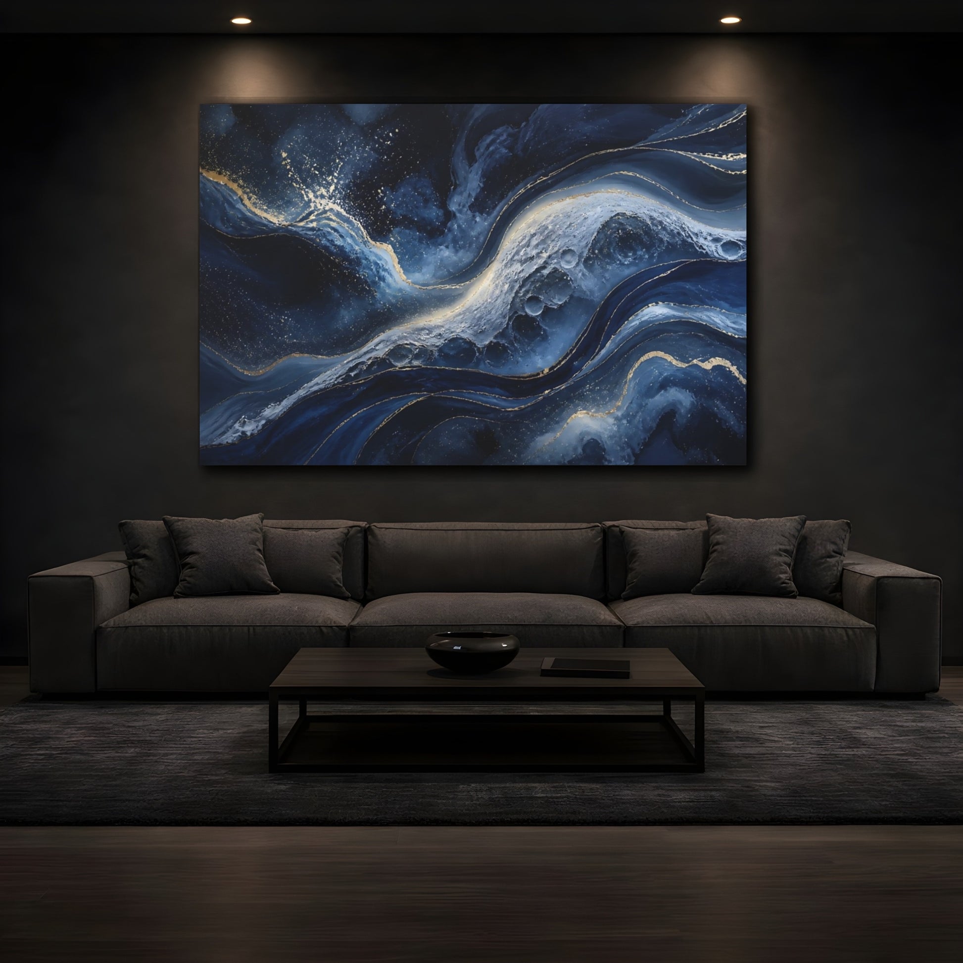Mockup 3. Abstract Navy Swirls shown as canvas print
