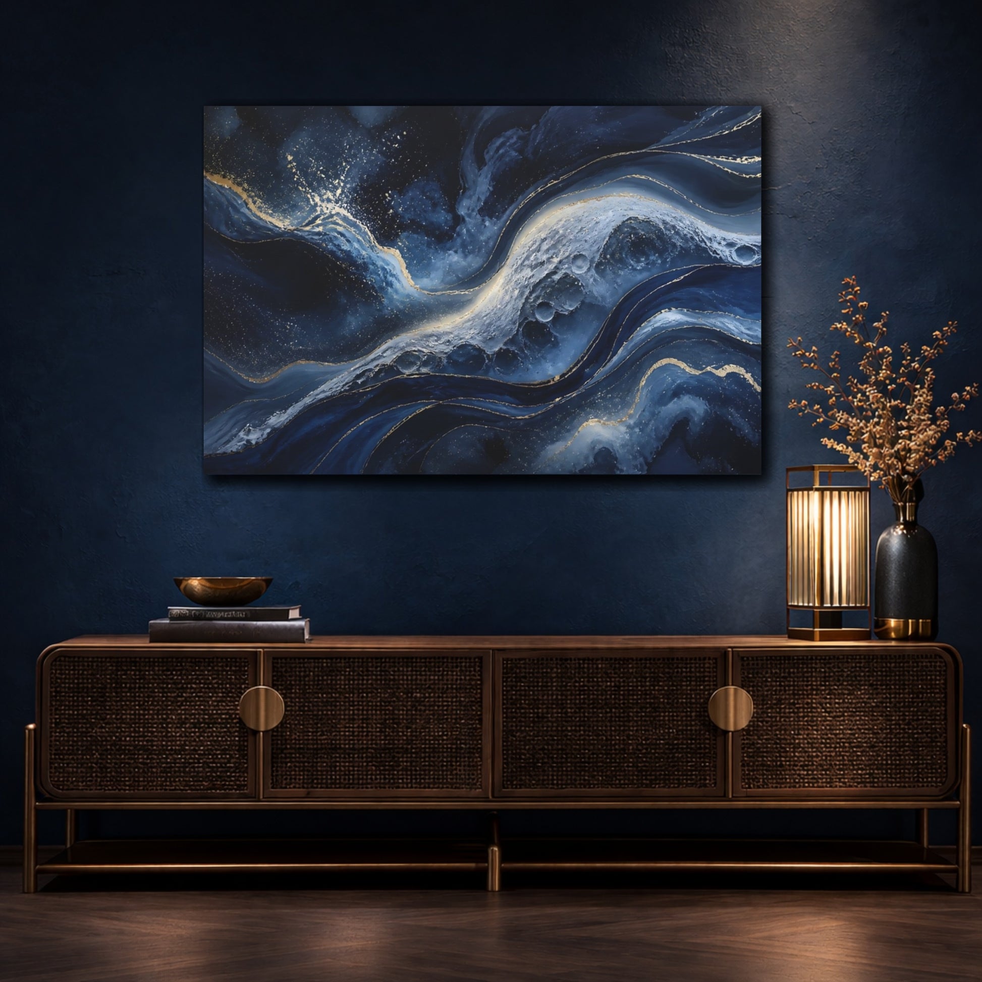 Mockup 4. Abstract Navy Swirls shown as canvas print