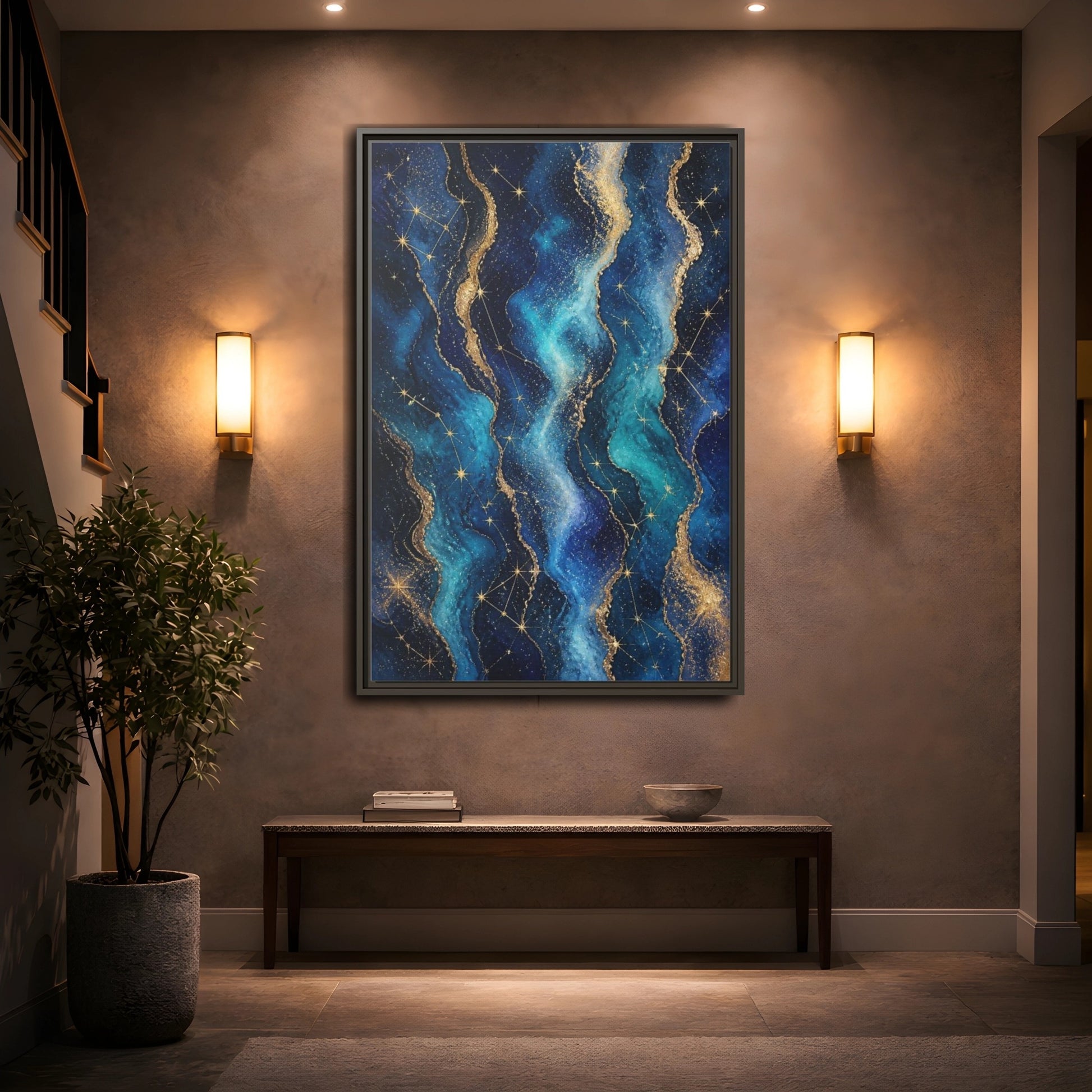 Mockup 2. Abstract Nebula Waves shown as framed canvas print