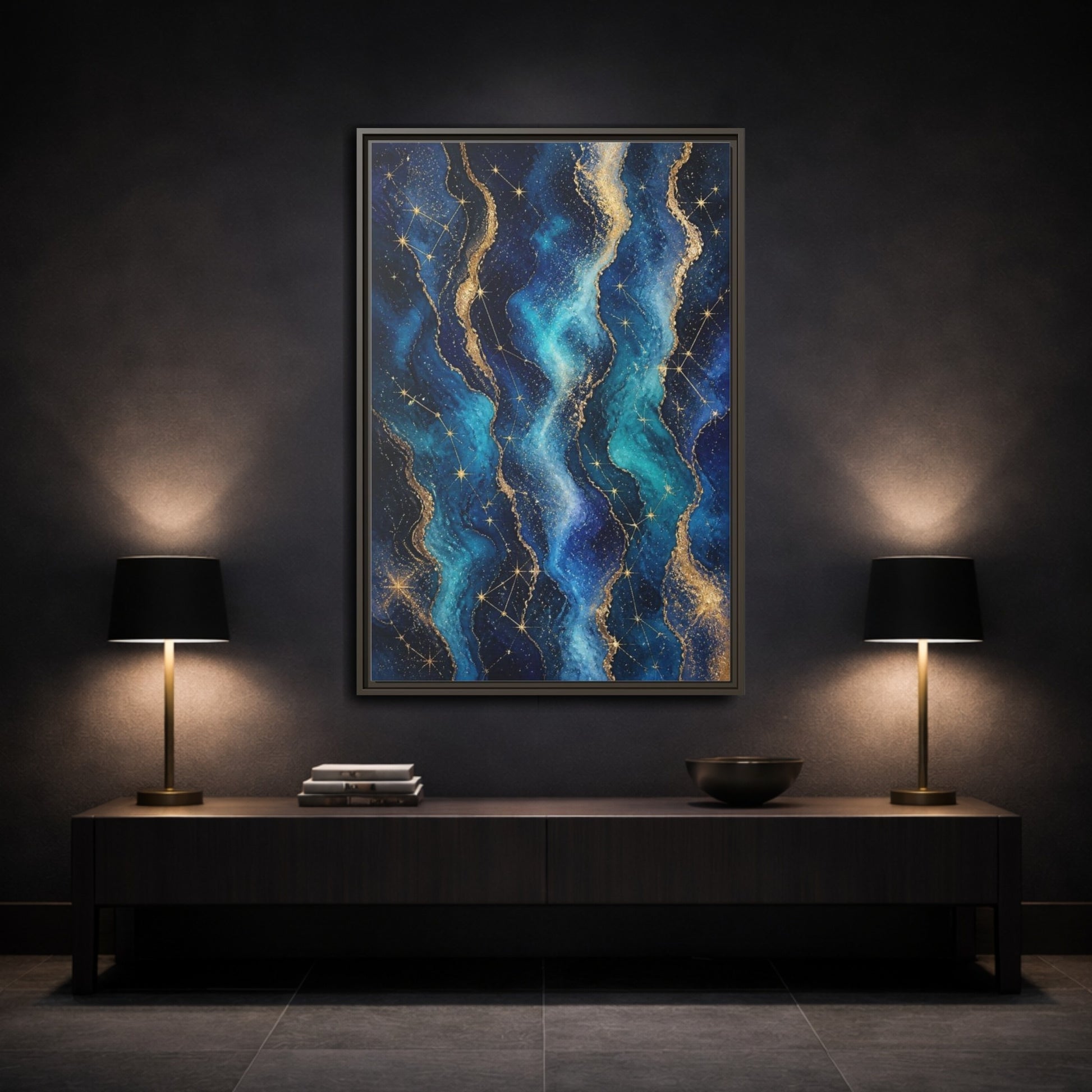 Mockup 3. Abstract Nebula Waves shown as framed canvas print