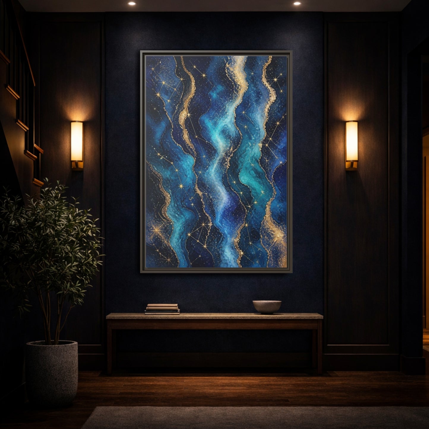 Mockup 4. Abstract Nebula Waves shown as framed canvas print