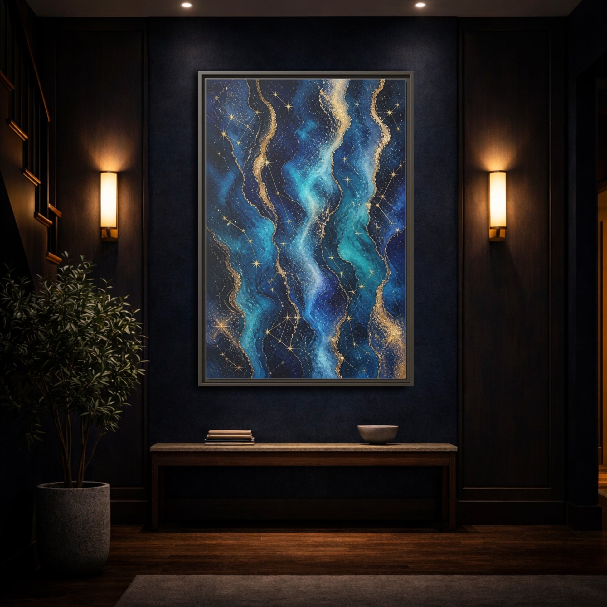 Mockup 4. Abstract Nebula Waves shown as framed canvas print