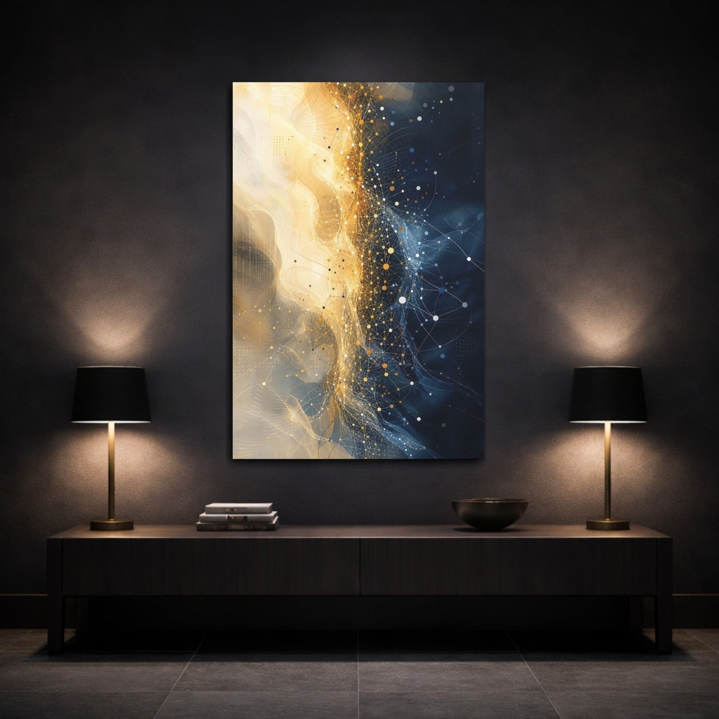 Abstract Network Grid Blue And Gold Canvas Wall Art Print – Office, Feature - YesArtYes