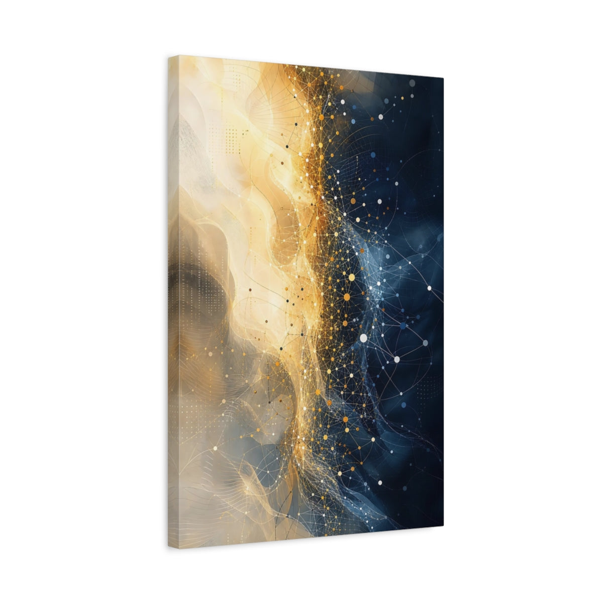 Side Mockup 3. Abstract Network Grid Blue And Gold shown as stretched canvas wall art