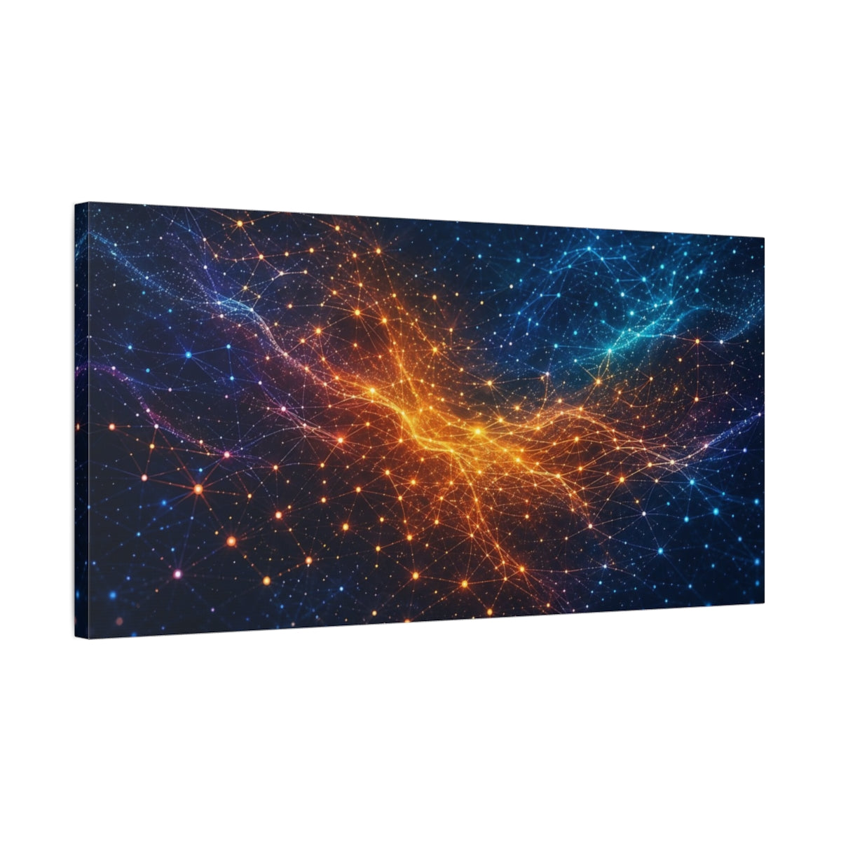 Side Mockup 1. Abstract Network Grid Blue Orange Network shown as stretched canvas wall art