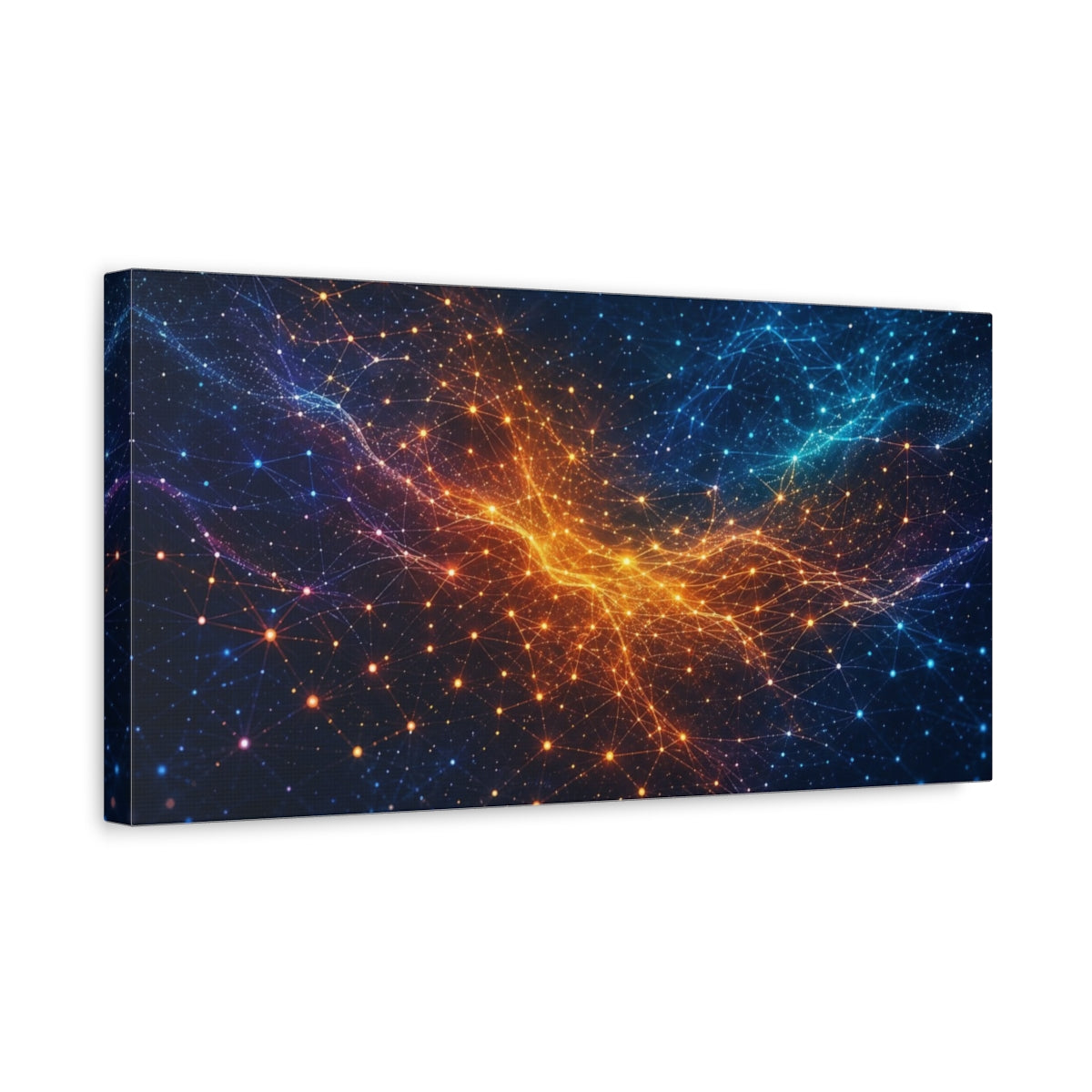 Side Mockup 3. Abstract Network Grid Blue Orange Network shown as stretched canvas wall art