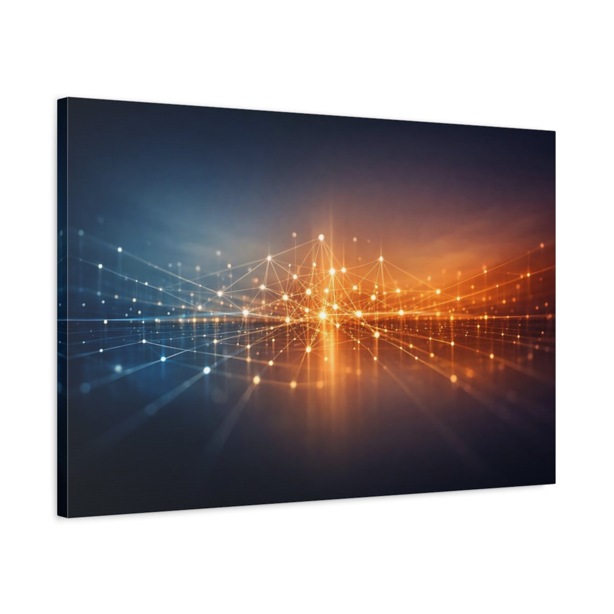 Side Mockup 2. Abstract Network Grid Blue Orange Grid shown as stretched canvas wall art