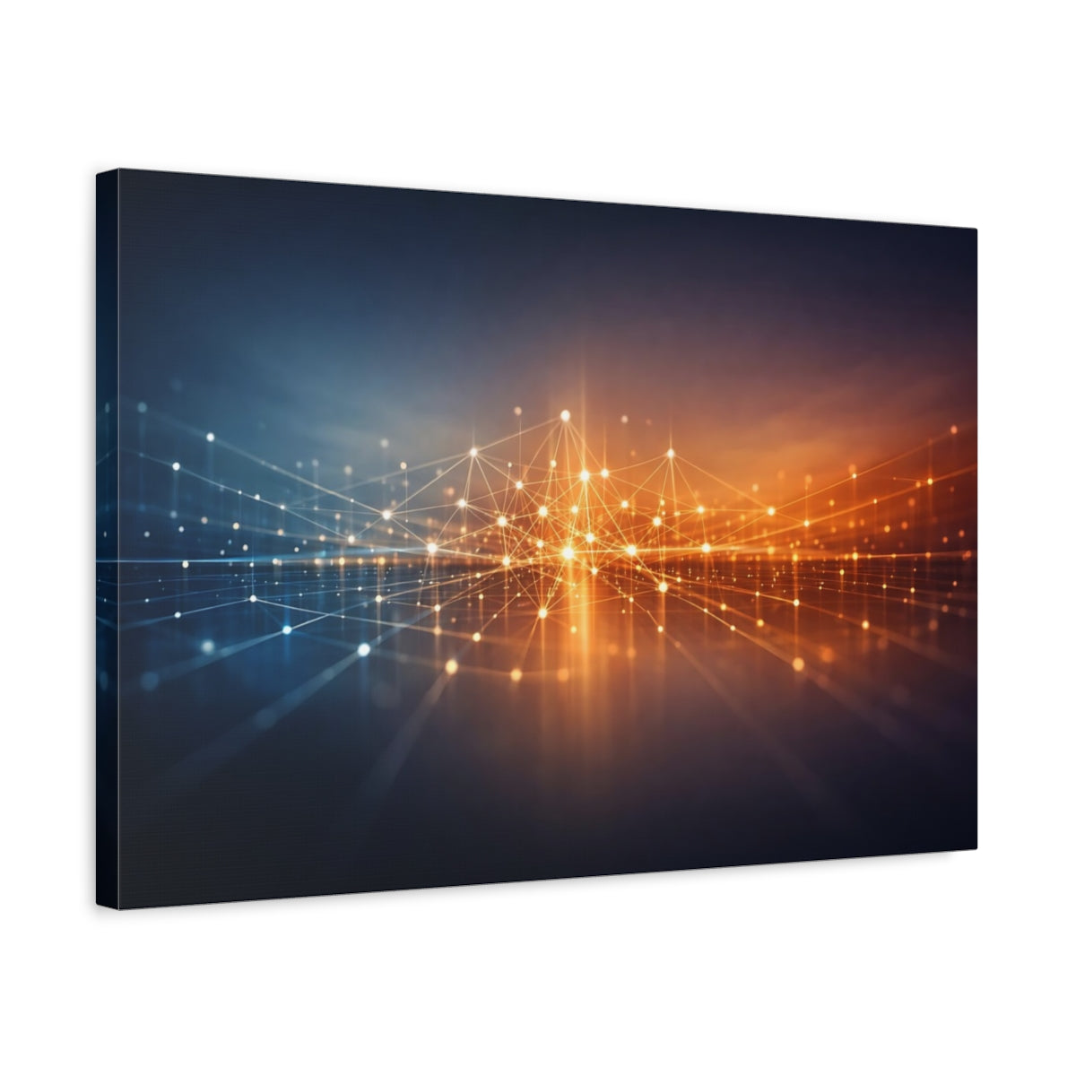 Side Mockup 3. Abstract Network Grid Blue Orange Grid shown as stretched canvas wall art