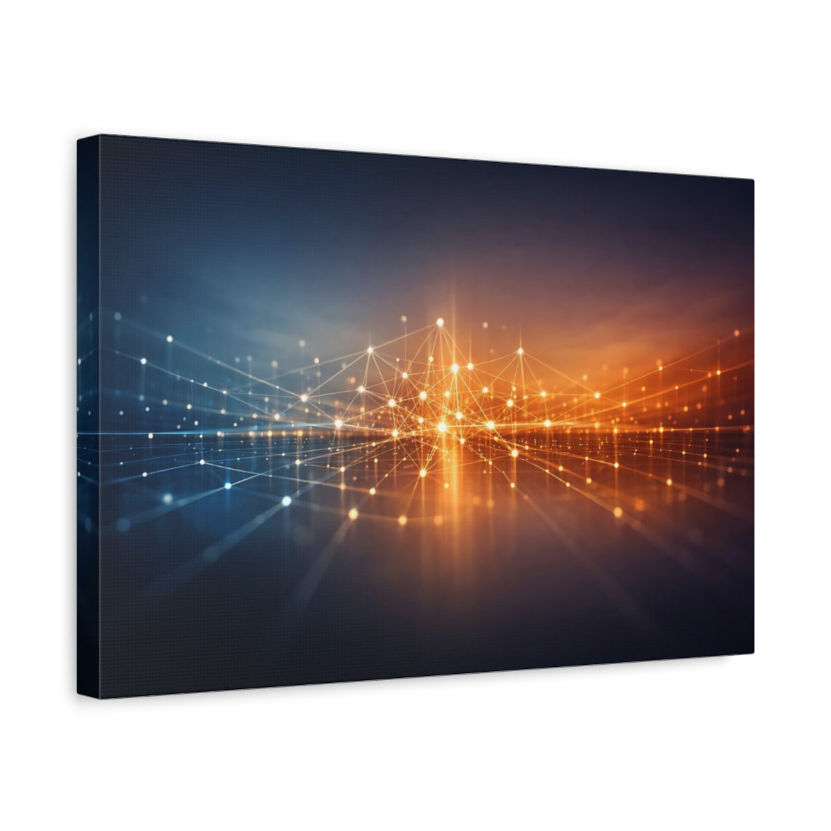 Side Mockup 4. Abstract Network Grid Blue Orange Grid shown as stretched canvas wall art