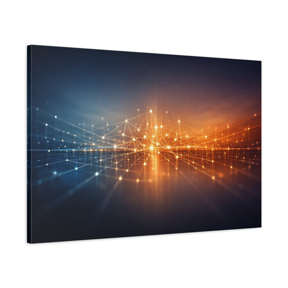 Side Mockup 1. Abstract Network Grid Blue Orange Grid shown as stretched canvas wall art