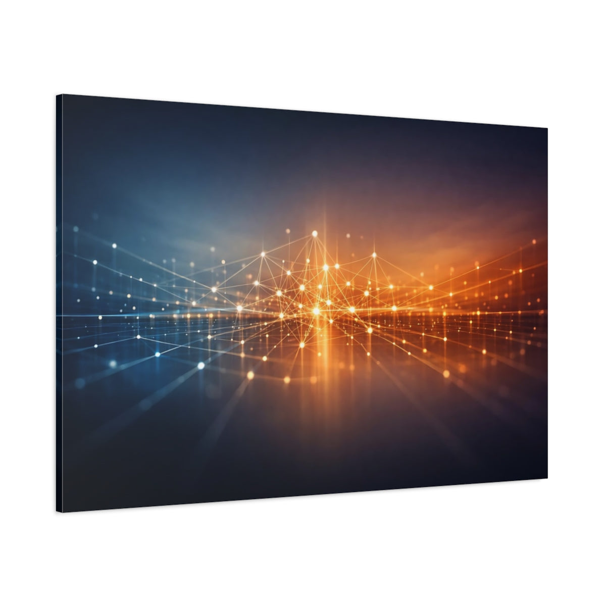 Main Mockup. Abstract Network Grid Blue Orange Grid shown as stretched canvas wall art