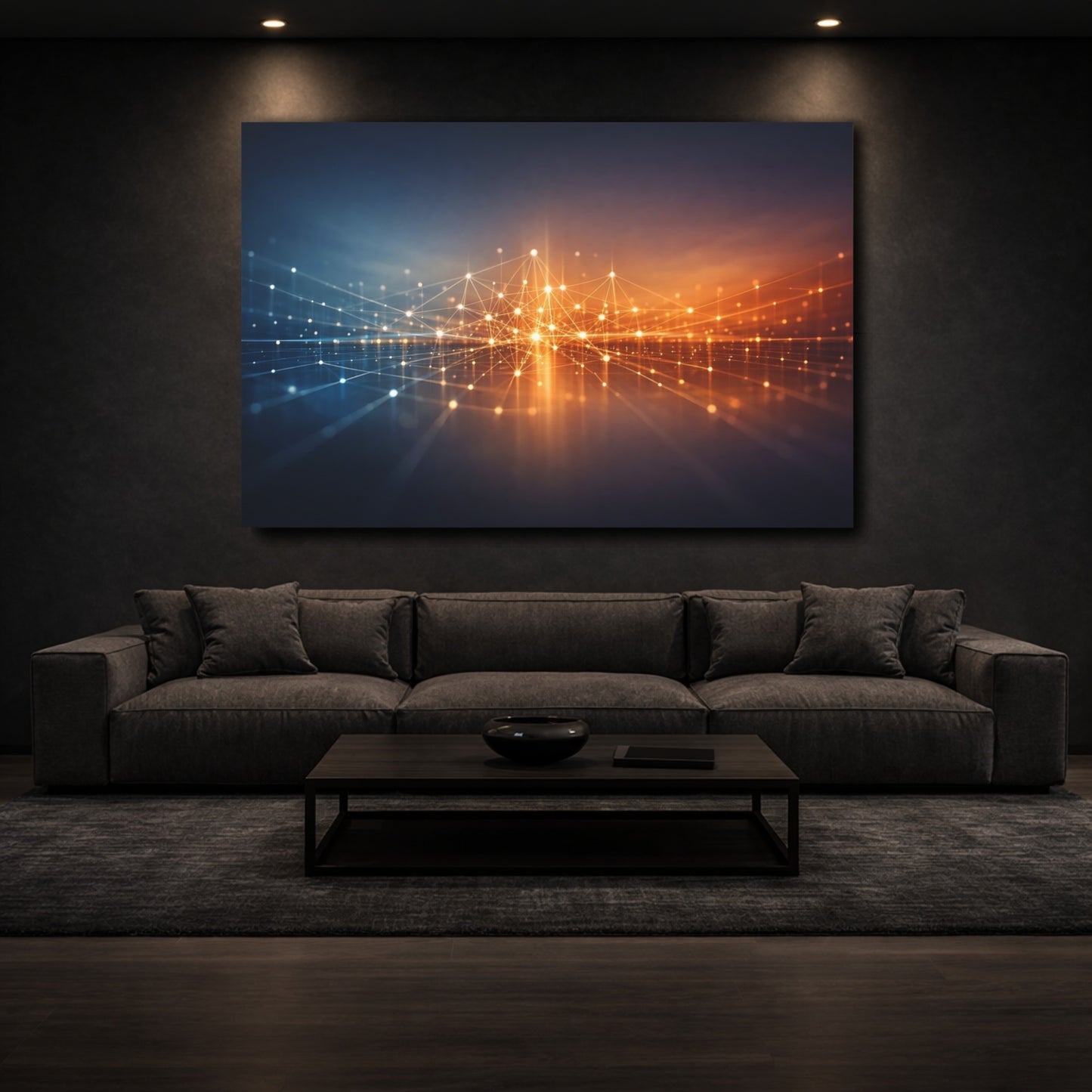 Mockup 2. Abstract Network Grid Blue Orange Grid shown as stretched canvas wall art