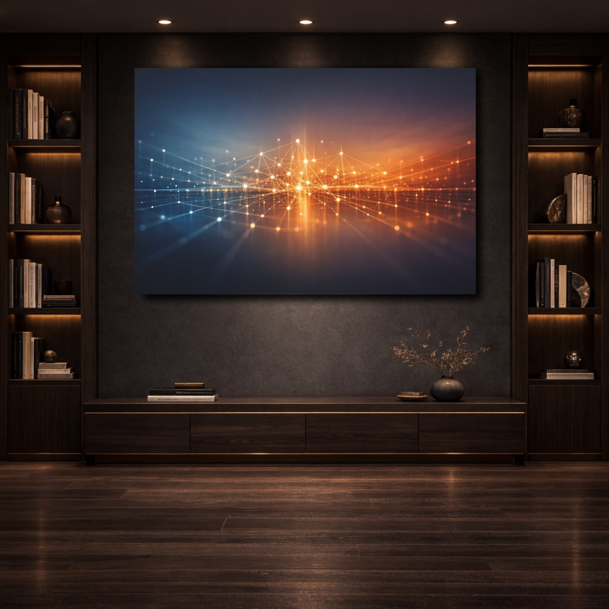 Mockup 3. Abstract Network Grid Blue Orange Grid shown as stretched canvas wall art