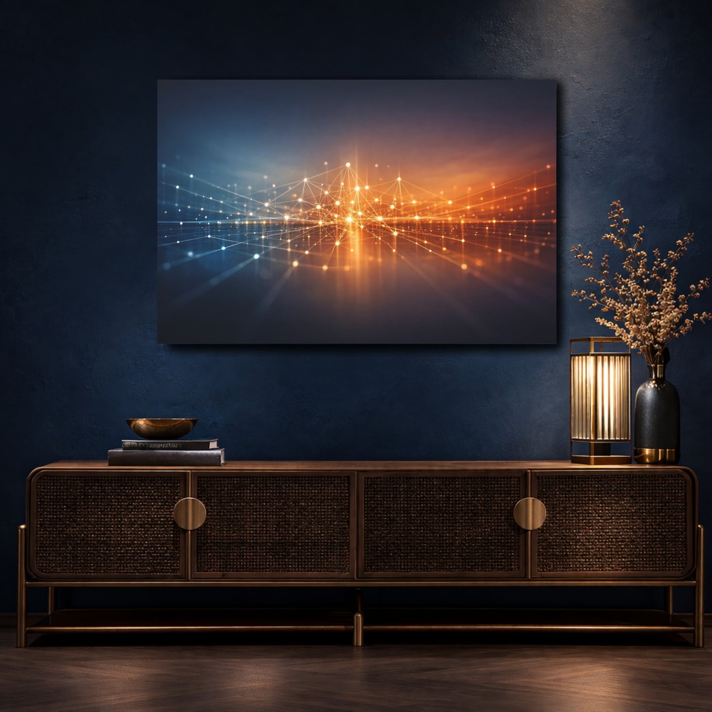 Mockup 4. Abstract Network Grid Blue Orange Grid shown as stretched canvas wall art