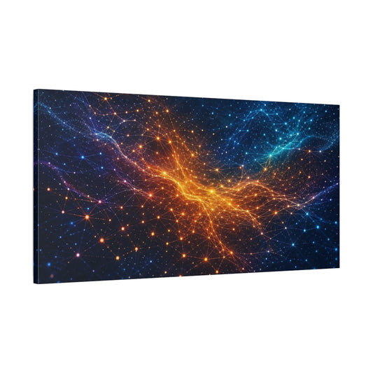 Main Mockup. Abstract Network Grid Blue Orange Network shown as stretched canvas wall art