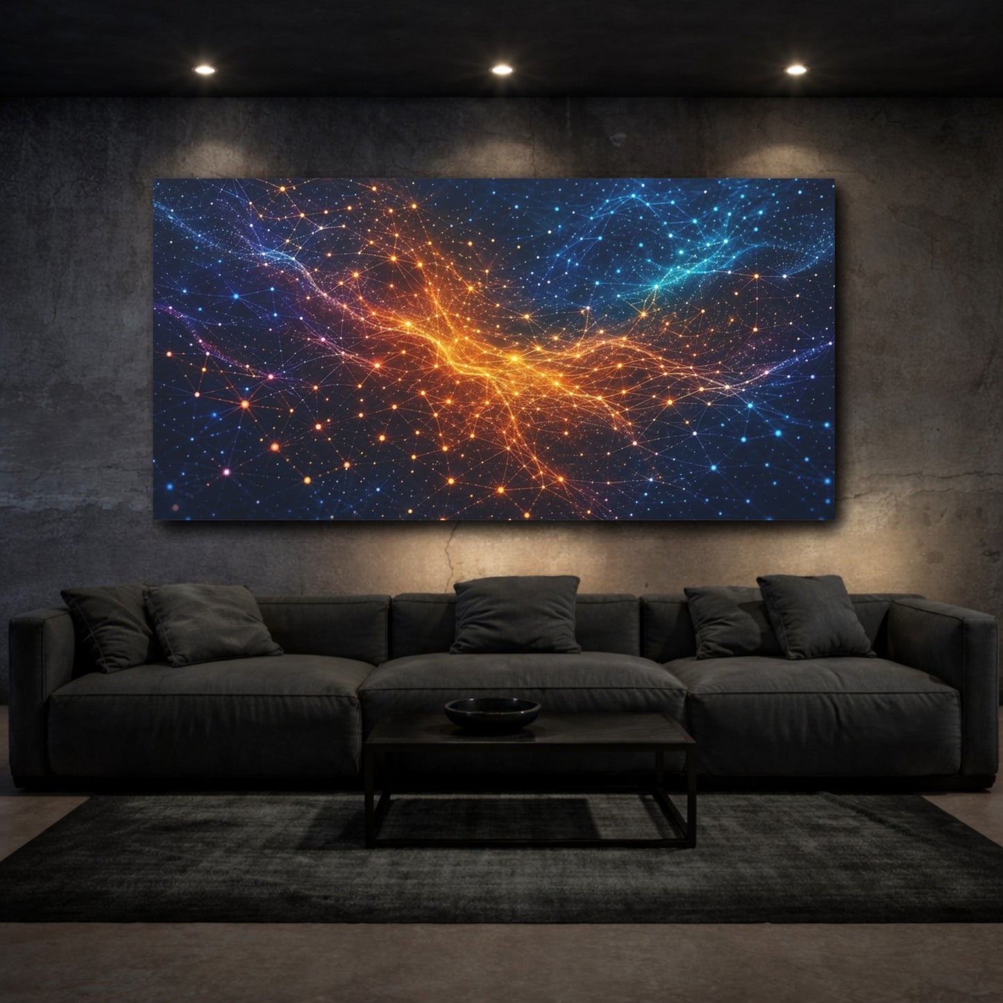 Mockup 2. Abstract Network Grid Blue Orange Network shown as stretched canvas wall art