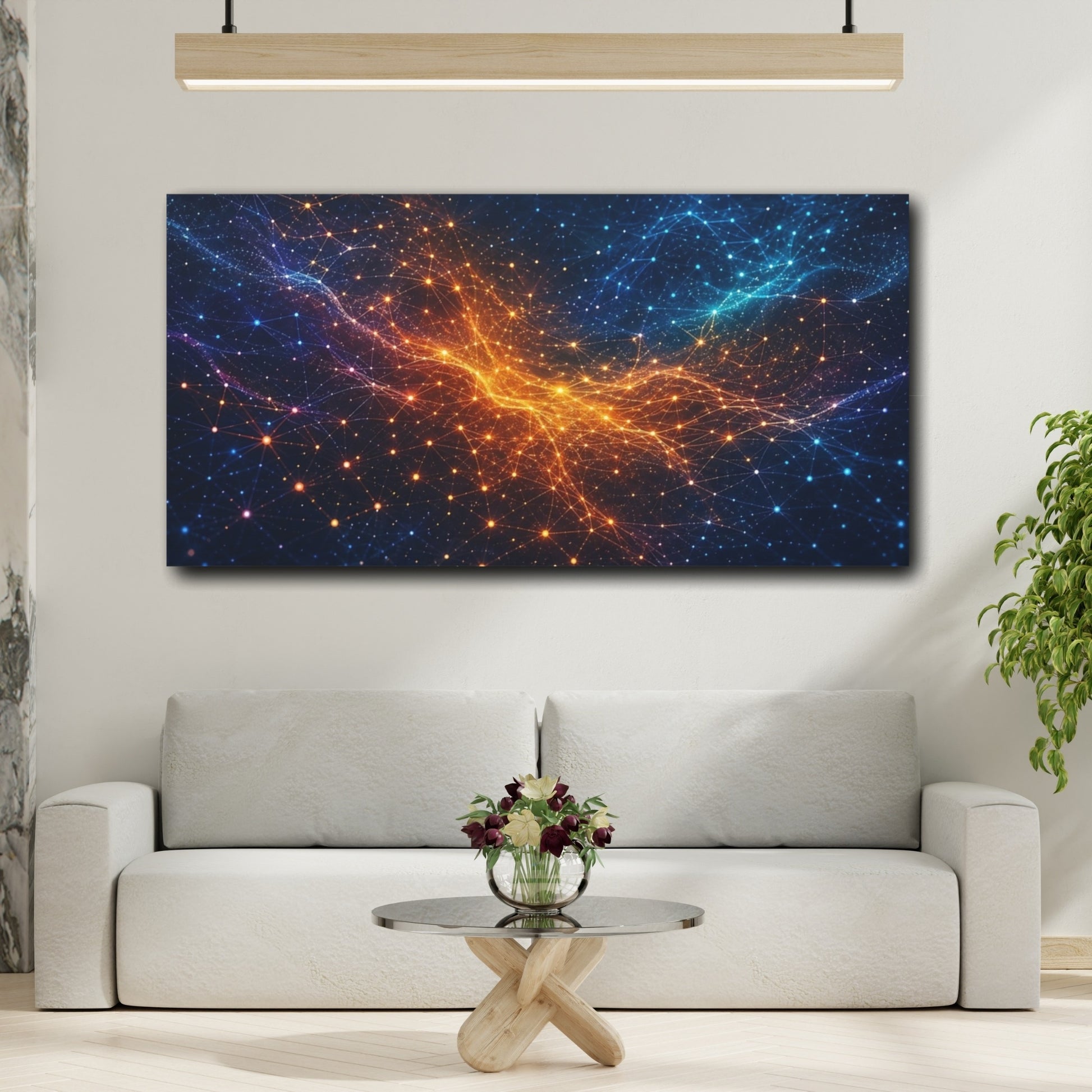 Mockup 3. Abstract Network Grid Blue Orange Network shown as stretched canvas wall art