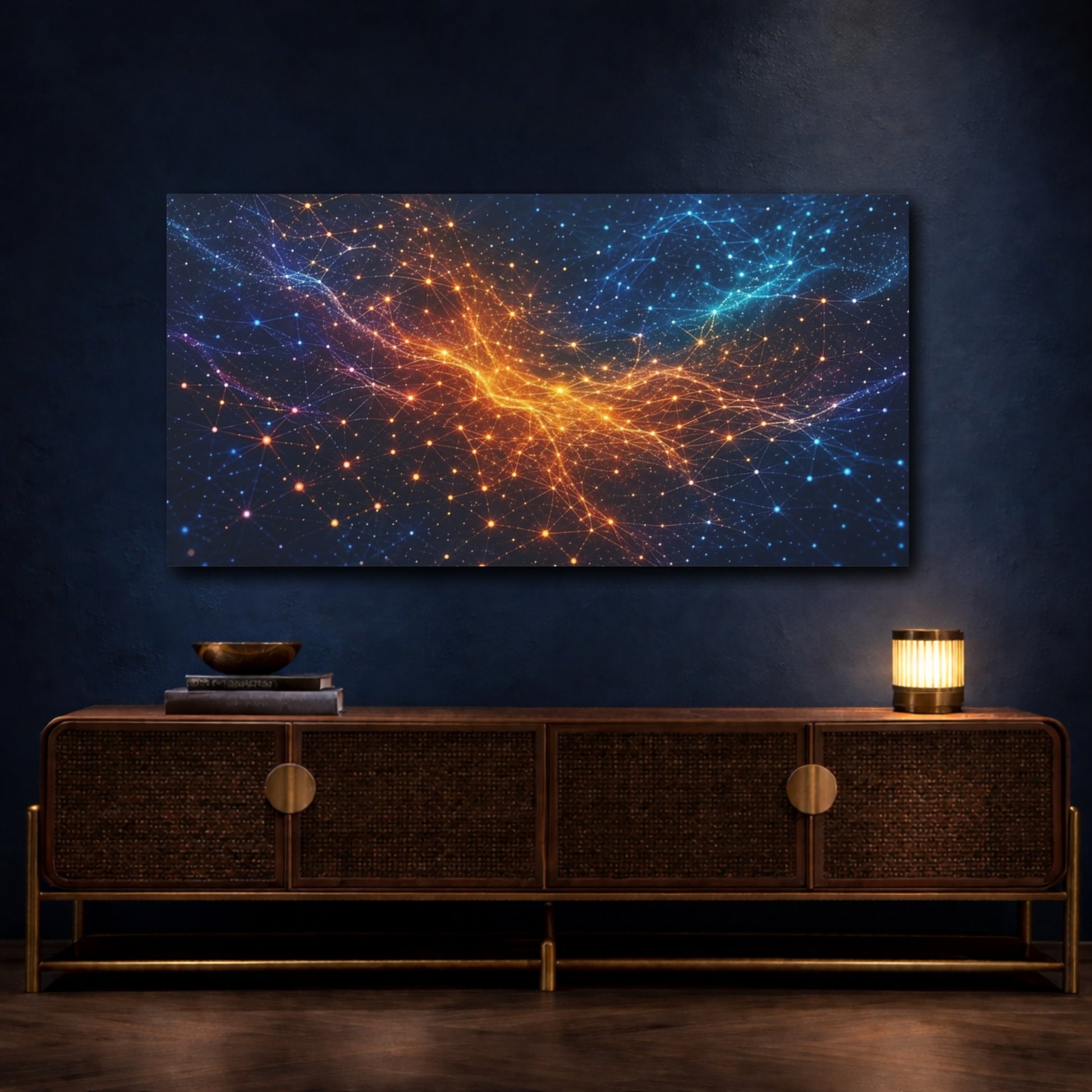 Mockup 4. Abstract Network Grid Blue Orange Network shown as stretched canvas wall art