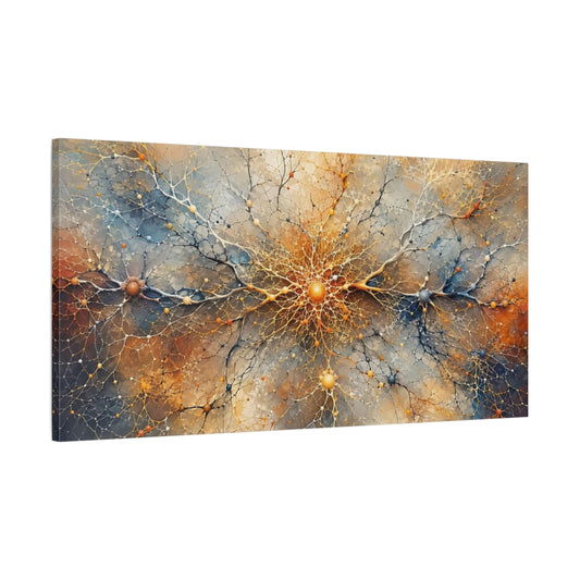 Main Mockup. Abstract Neural Network Gold Blue Abstract shown as stretched canvas wall art