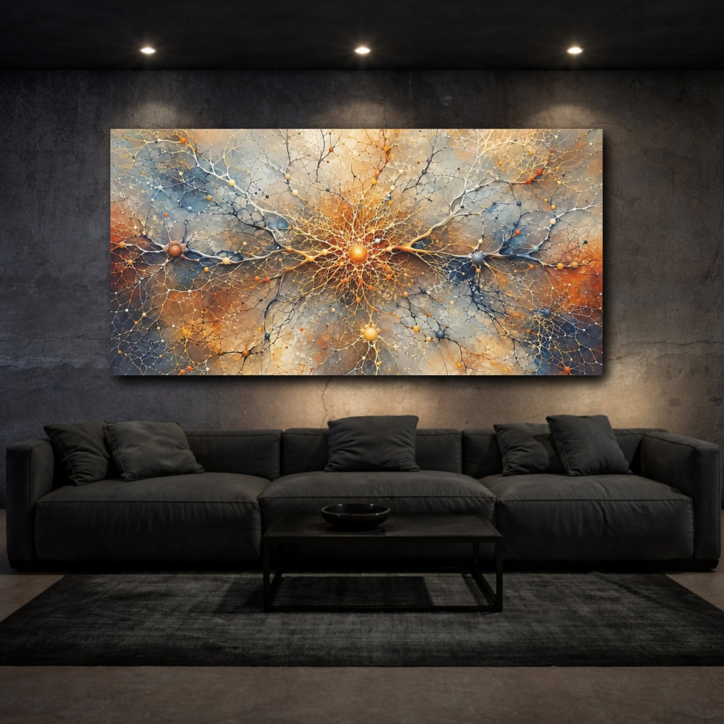 Mockup 2. Abstract Neural Network Gold Blue Abstract shown as stretched canvas wall art
