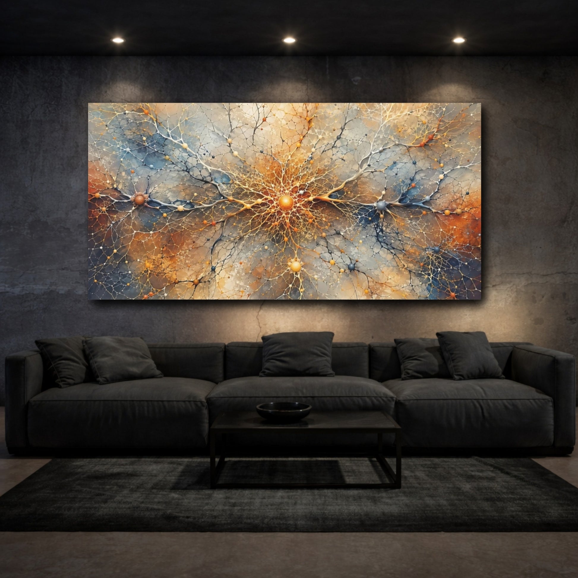 Mockup 2. Abstract Neural Network Gold Blue Abstract shown as stretched canvas wall art