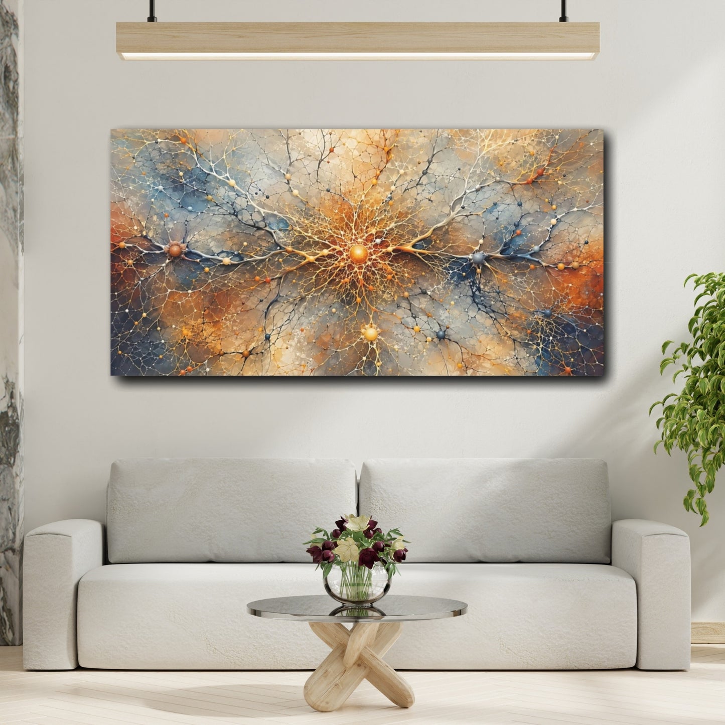 Mockup 3. Abstract Neural Network Gold Blue Abstract shown as stretched canvas wall art