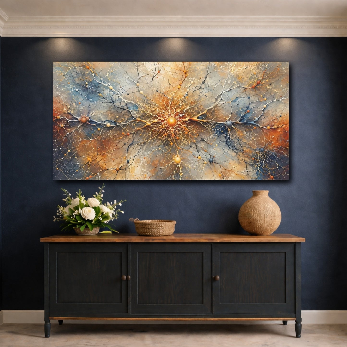 Mockup 4. Abstract Neural Network Gold Blue Abstract shown as stretched canvas wall art