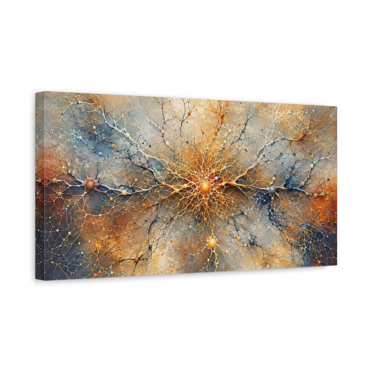 Side Mockup 3. Abstract Neural Network Gold Blue Abstract shown as stretched canvas wall art