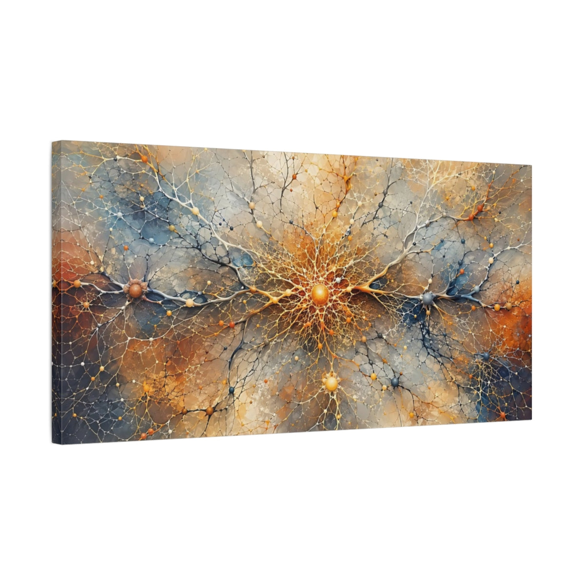 Side Mockup 1. Abstract Neural Network Gold Blue Abstract shown as stretched canvas wall art