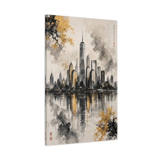 Main Mockup. Abstract New York Skyline Gold And Black Skyline shown as stretched canvas wall art