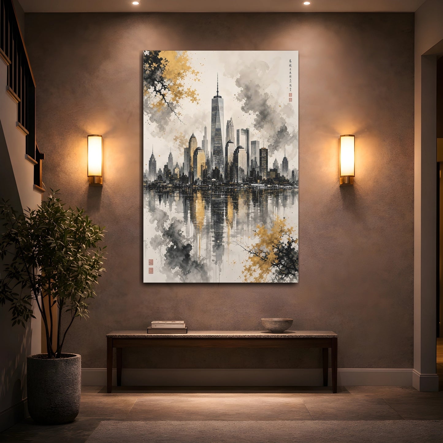 Mockup 2. Abstract New York Skyline Gold And Black Skyline shown as stretched canvas wall art