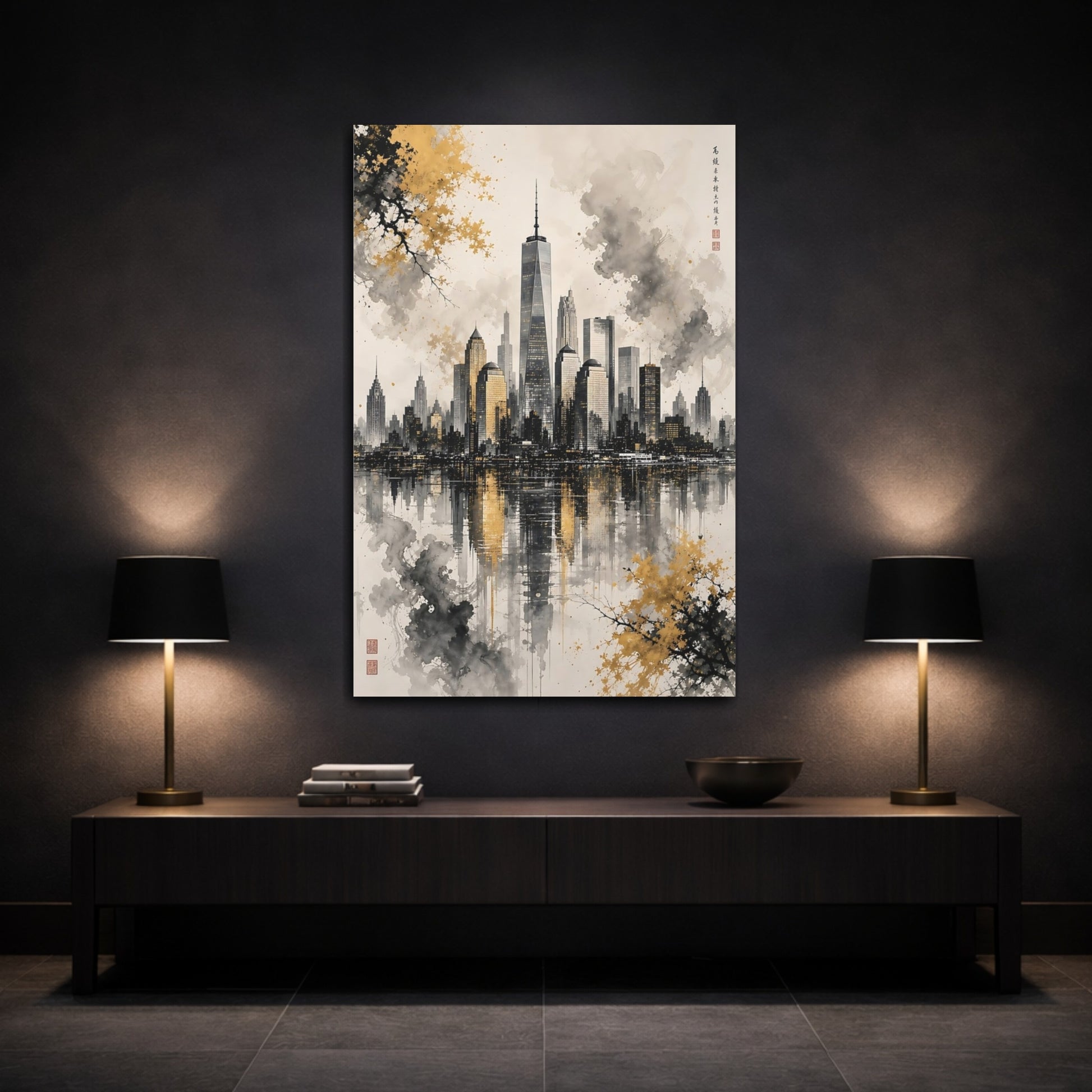 Mockup 3. Abstract New York Skyline Gold And Black Skyline shown as stretched canvas wall art