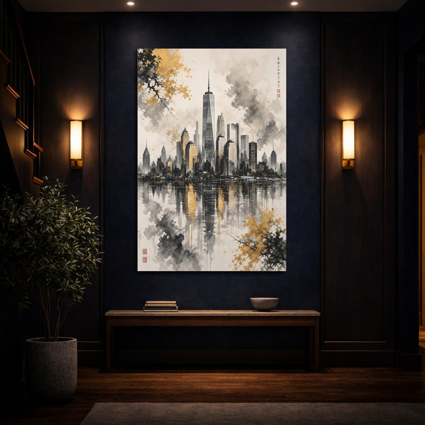 Mockup 4. Abstract New York Skyline Gold And Black Skyline shown as stretched canvas wall art