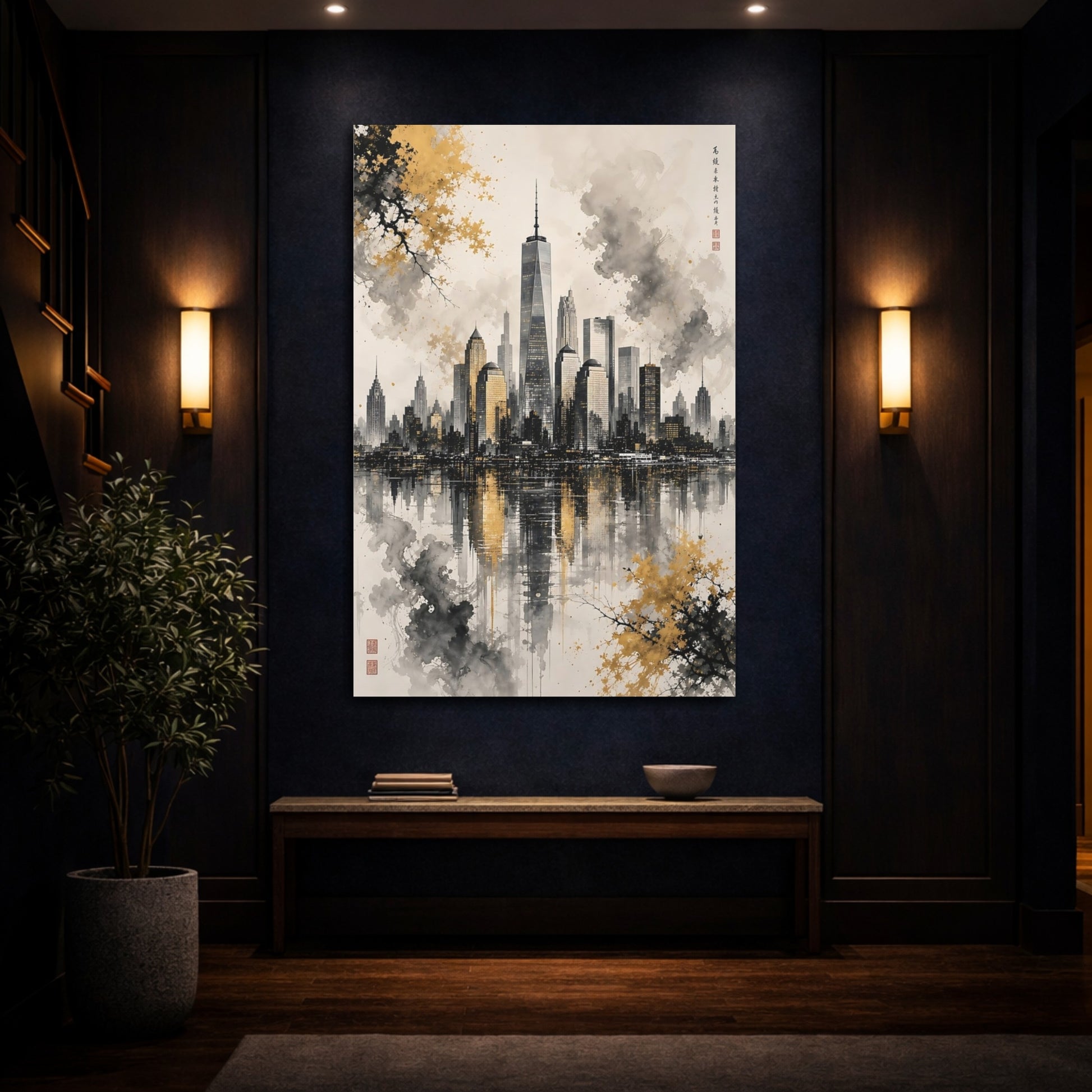 Mockup 4. Abstract New York Skyline Gold And Black Skyline shown as stretched canvas wall art