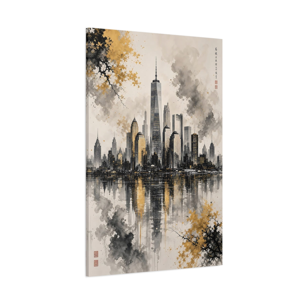 Side Mockup 1. Abstract New York Skyline Gold And Black Skyline shown as stretched canvas wall art